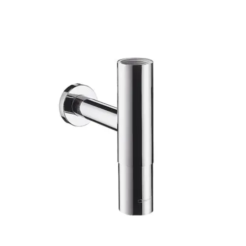 Designsiphon in Chrom für die Wandmontage, hergestellt von Hansgrohe. Der Siphon hat eine runde, schlichte Form mit glatter Oberfläche.